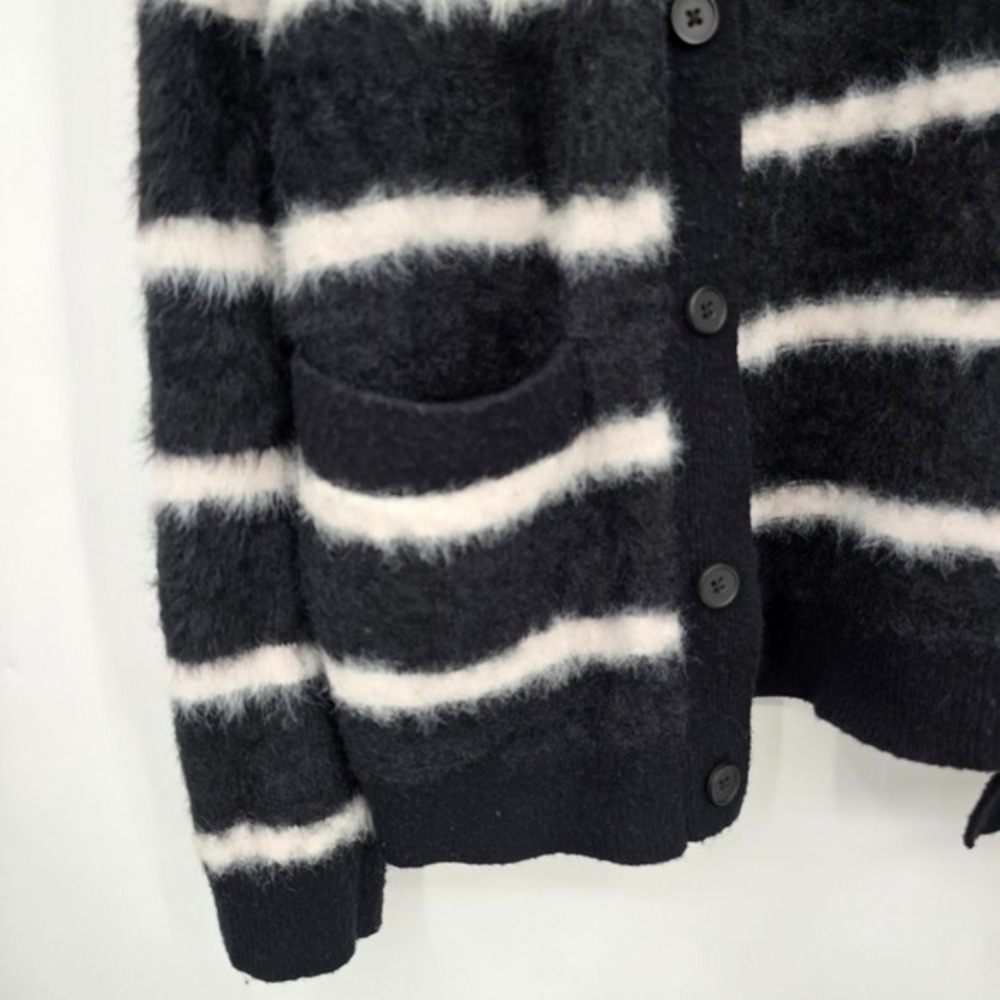 INC International Concepts Women Black White Stripe Fuzzy Cardigan Sweater Med - Picture 6 of 10
